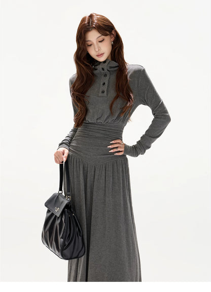 Pleated Waist-Defining A-Line Maxi Dress