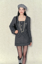 Gray Square Neck Fringed Jacket & Skirt Set - CHINASQUAD