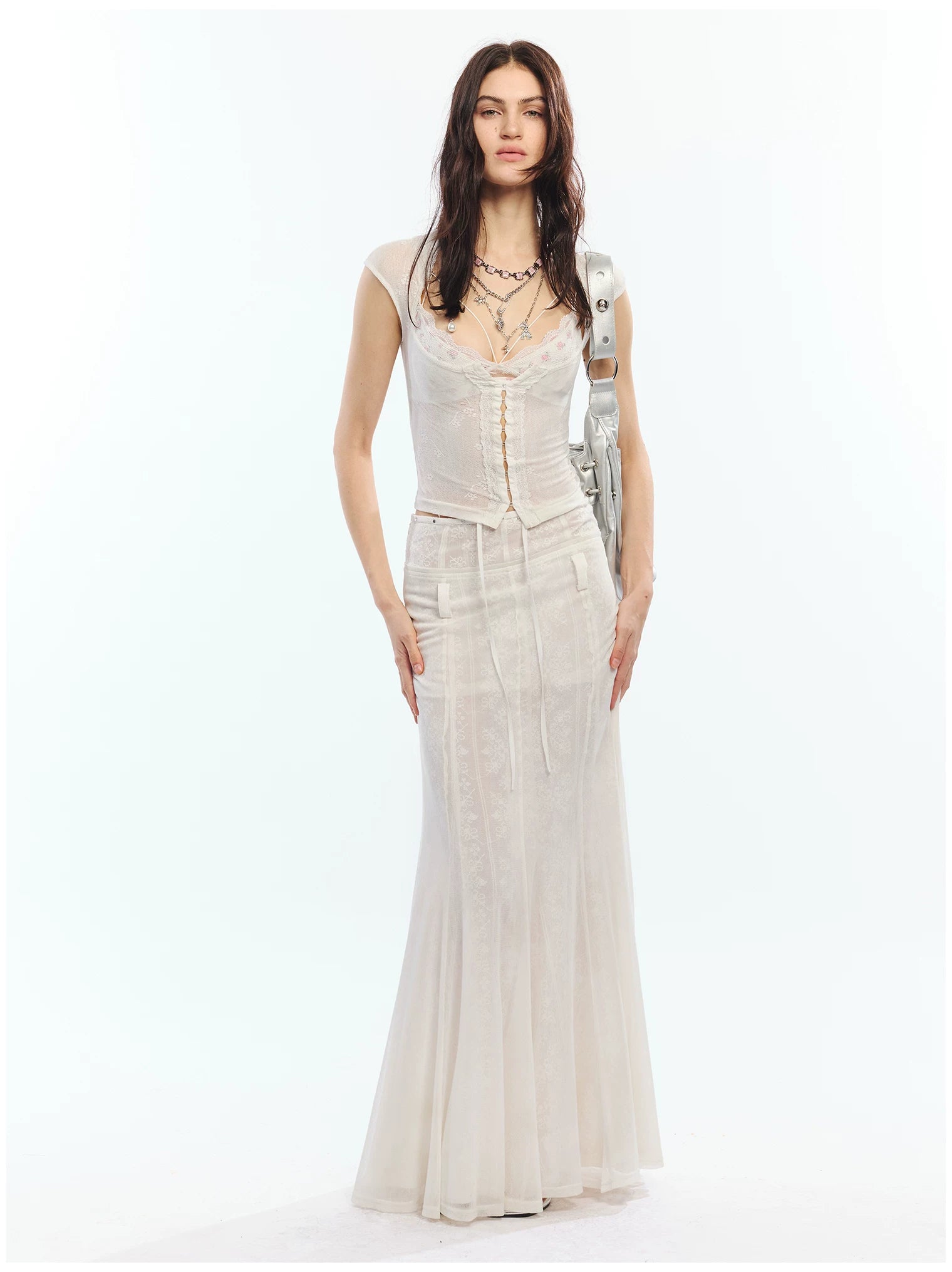 Flocked Floral Lace Flutter Sleeve Fitted Two-Piece Set