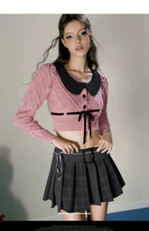 Grey & Brown Plaid Pleated Mini Skirt - CHINASQUAD