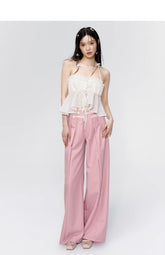 Pink & Grey High-waist Satin Ribbon Trousers - CHINASQUAD