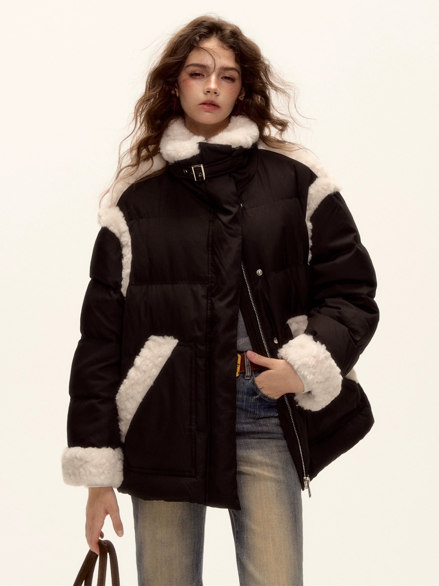 Faux Shearling Panel Down Jacket