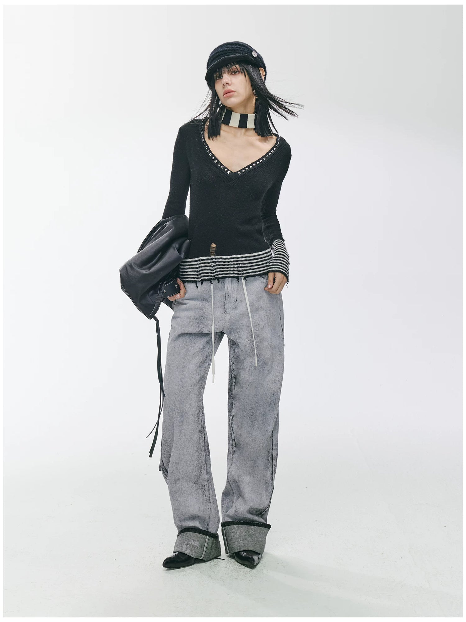 Striped Panel Slim-Fit Wool Knit Top