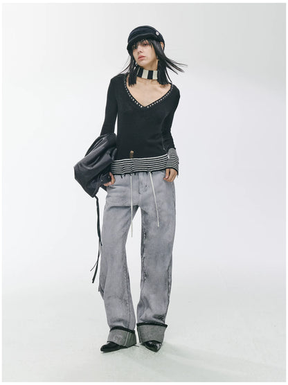 Striped Panel Slim-Fit Wool Knit Top