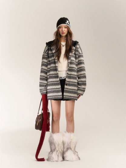 Striped Silver Fox Fur Hoodie Coat