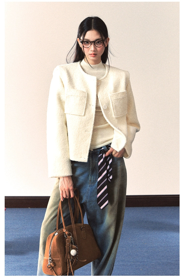 White Crewneck Elegant Chanel-Style Jacket