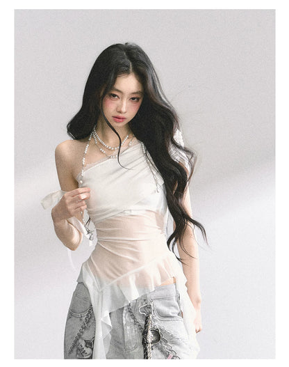 Off-Shoulder Mesh Short-Sleeve T-Shirt