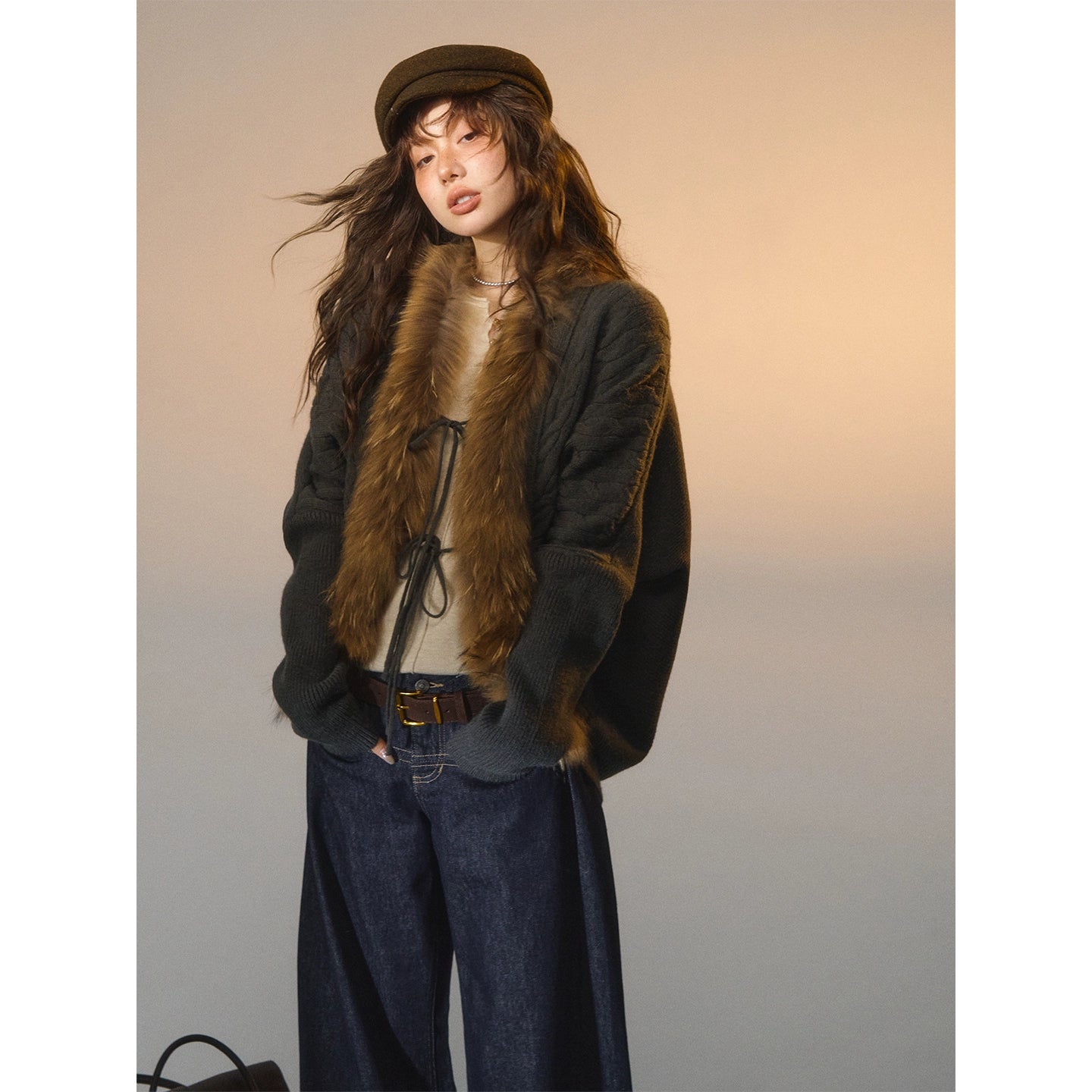 Tie-Detail Batwing Faux Fur Collar Sweater