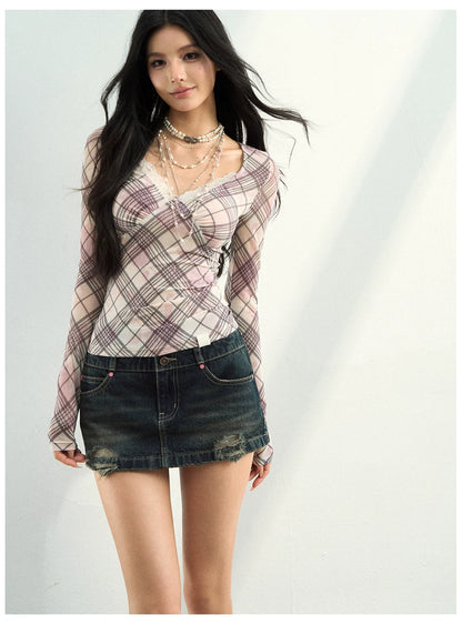 Studded Washed Denim Mini Skirt