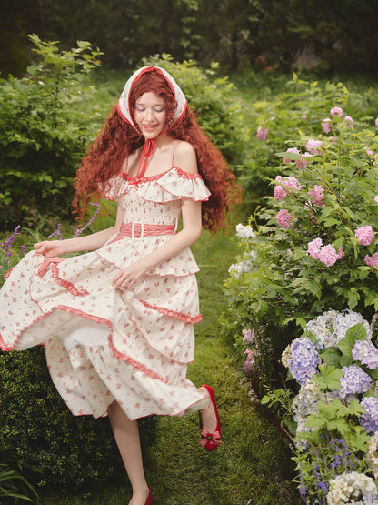 French Pastoral Floral Tiered Maxi Dress