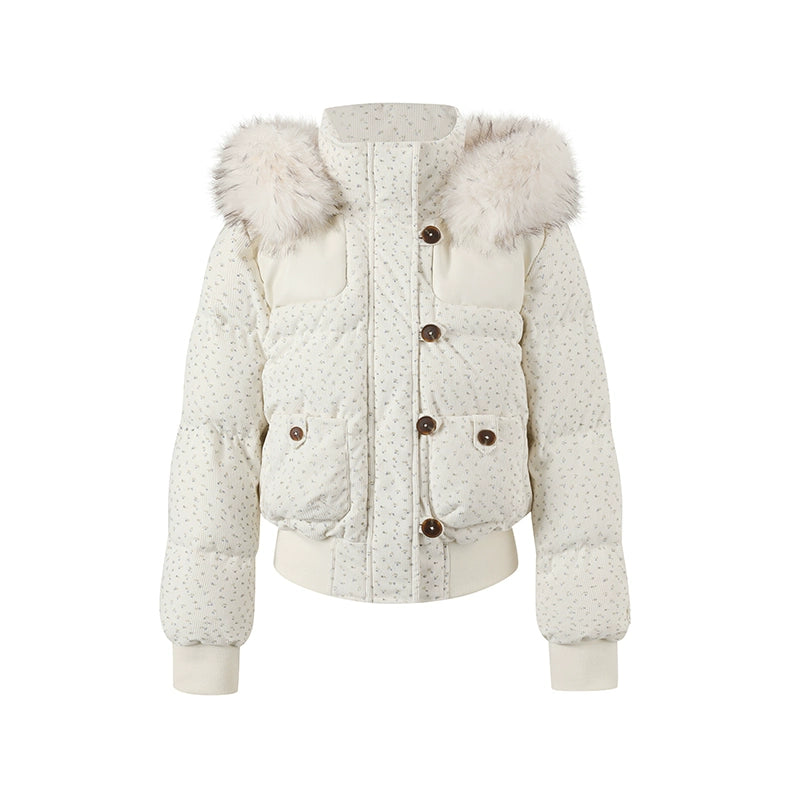 Fuzzy Plaid Down Faux Fur Collar Jacket