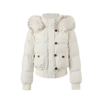 Fuzzy Plaid Down Faux Fur Collar Jacket