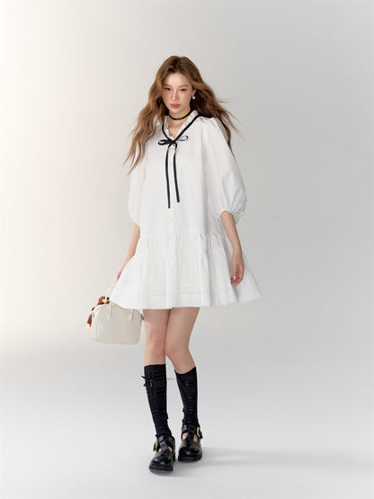 White Bowknot Tied Pleated Shirt Dress