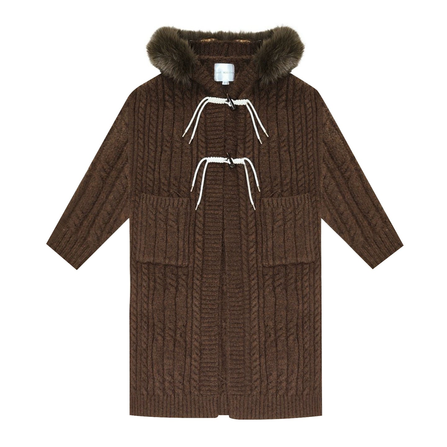 Detachable Fur Collar Cable-Knit Duffle Coat