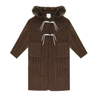 Detachable Fur Collar Cable-Knit Duffle Coat
