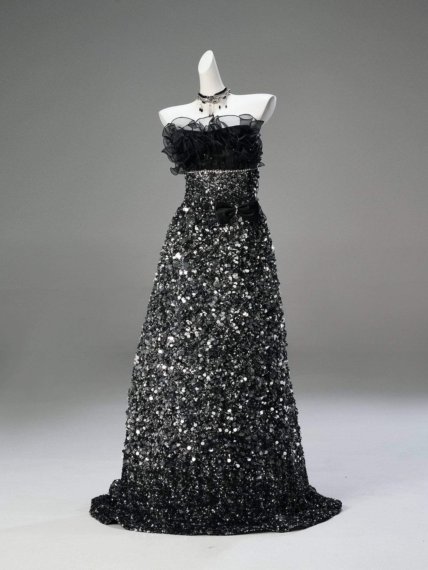 Glamorous Black Couture Gown with Full-Diamond Detailing