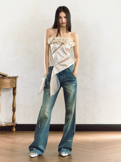 Blue Distressed Low-rise Wide-leg Jeans - CHINASQUAD