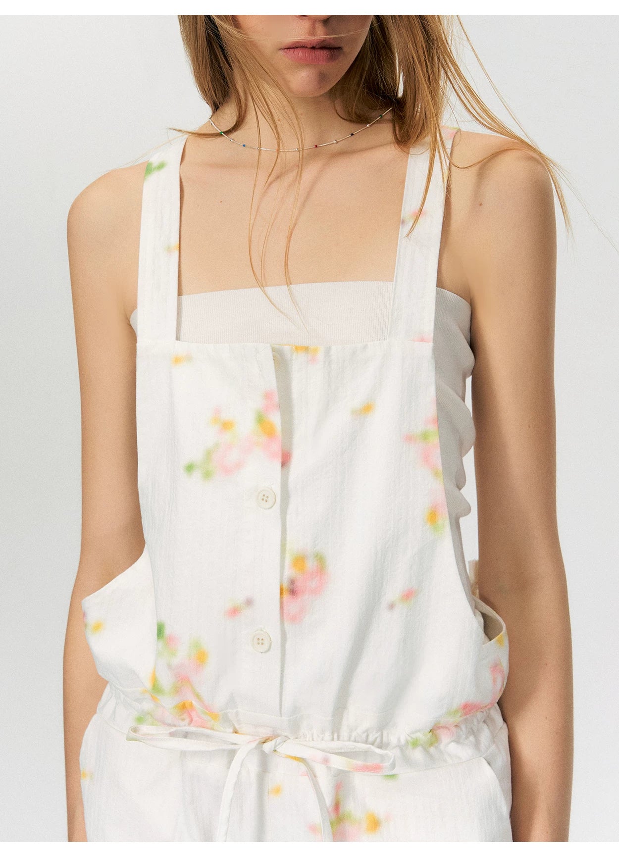 Vintage Soft-Blur Floral Backless Strap Jumpsuit