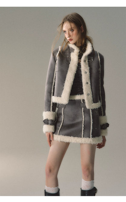 Grey Short Plush Shearling Jacket &amp; Skirt Set - CHINASQUAD