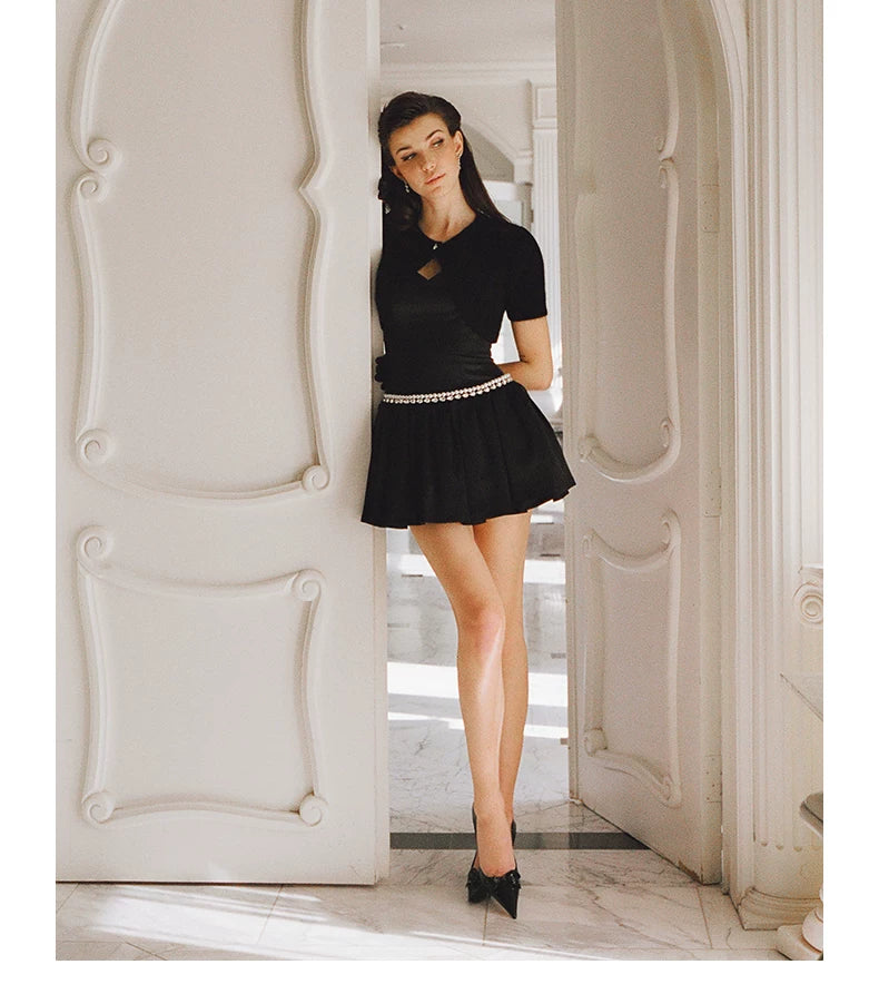 Pearl-Embellished Strappy Fit-and-Flare Mini Dress