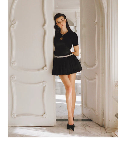 Pearl-Embellished Strappy Fit-and-Flare Mini Dress