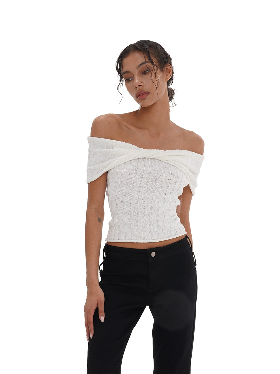 White &amp; Red Off-Shoulder Knitted Top