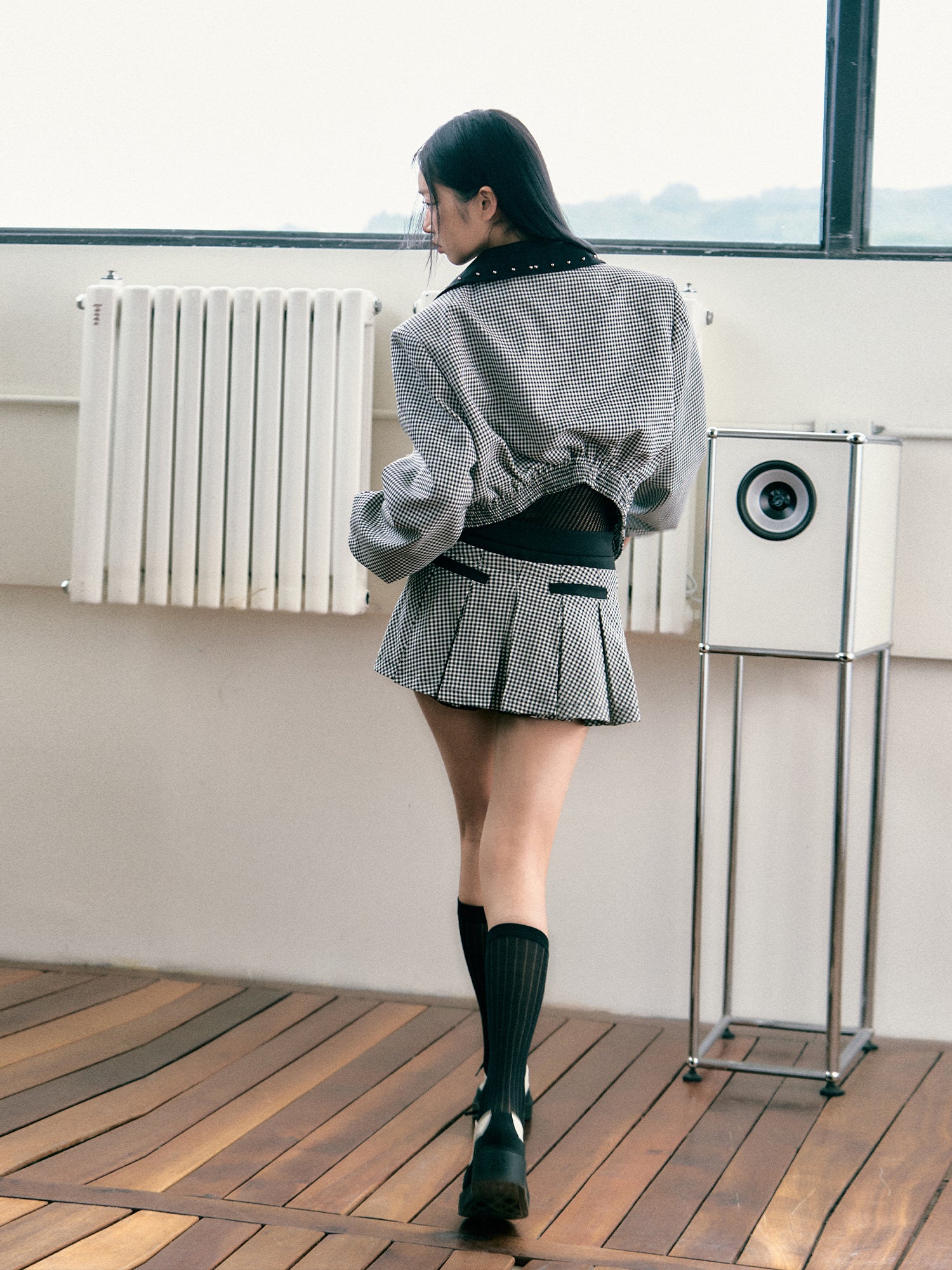 Silhouette Flight Jacket with Plaid Skirt Set - CHINASQUAD