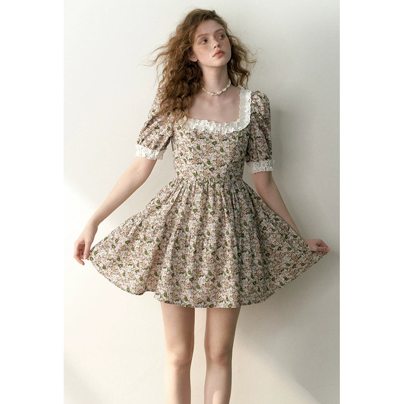 Brown Lace-Decorated Bubble Sleeve Floral Dress