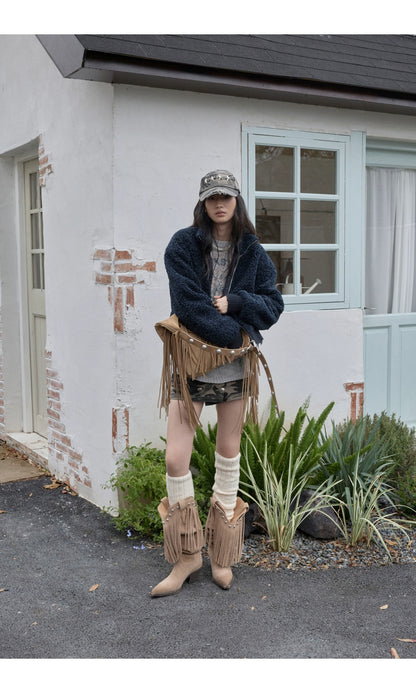 Distressed Fleece Zip-Up Cropped Jacket