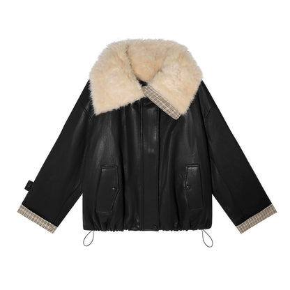 Faux-Fur Collar Down Leather Jacket