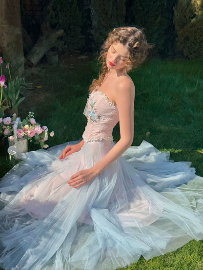 Blue Lily Strapless Corset Top &amp; Mesh Skirt Set