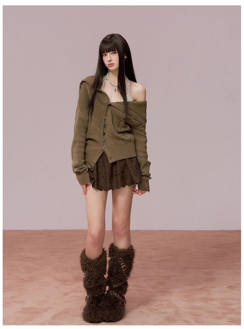 Oversized Collar Asymmetric Knit Sweater Jacket