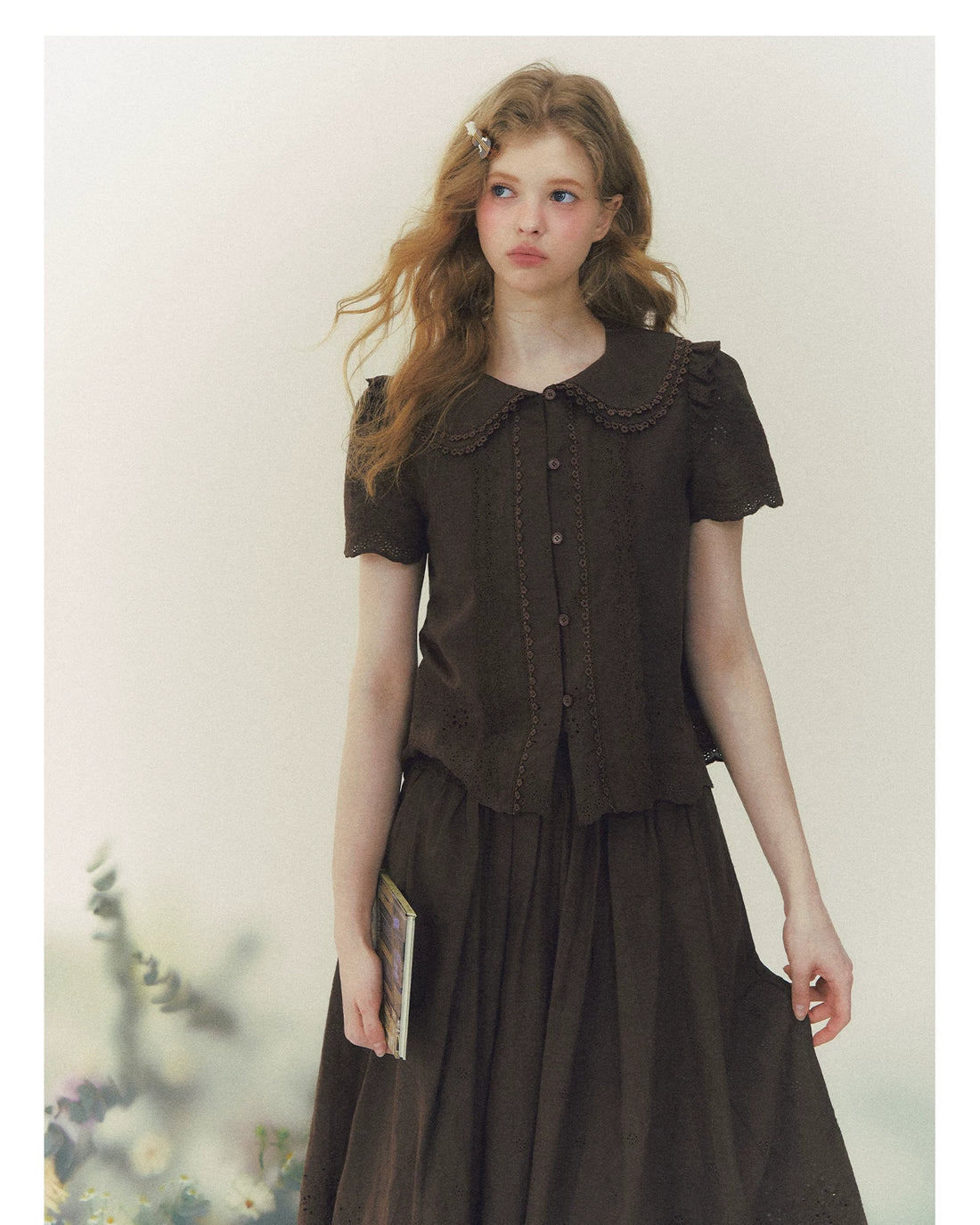 Peter Pan Collar Shirt &amp; Midi Skirt Set