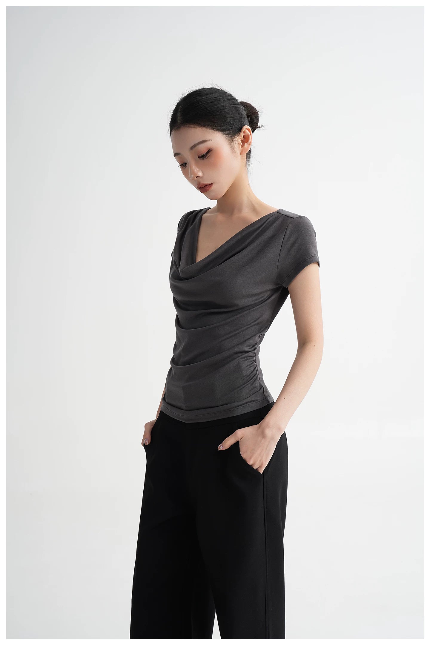 Draped Off-Shoulder Fitted Short Sleeve T-Shirt