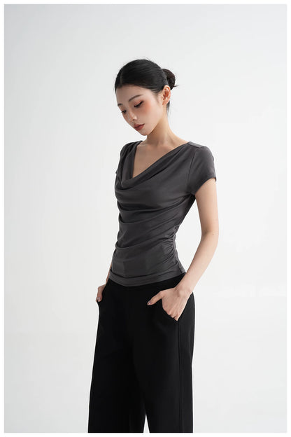 Draped Off-Shoulder Fitted Short Sleeve T-Shirt