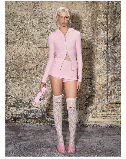 Knit Hoodie Jacket &amp; Skirt-Shorts Set