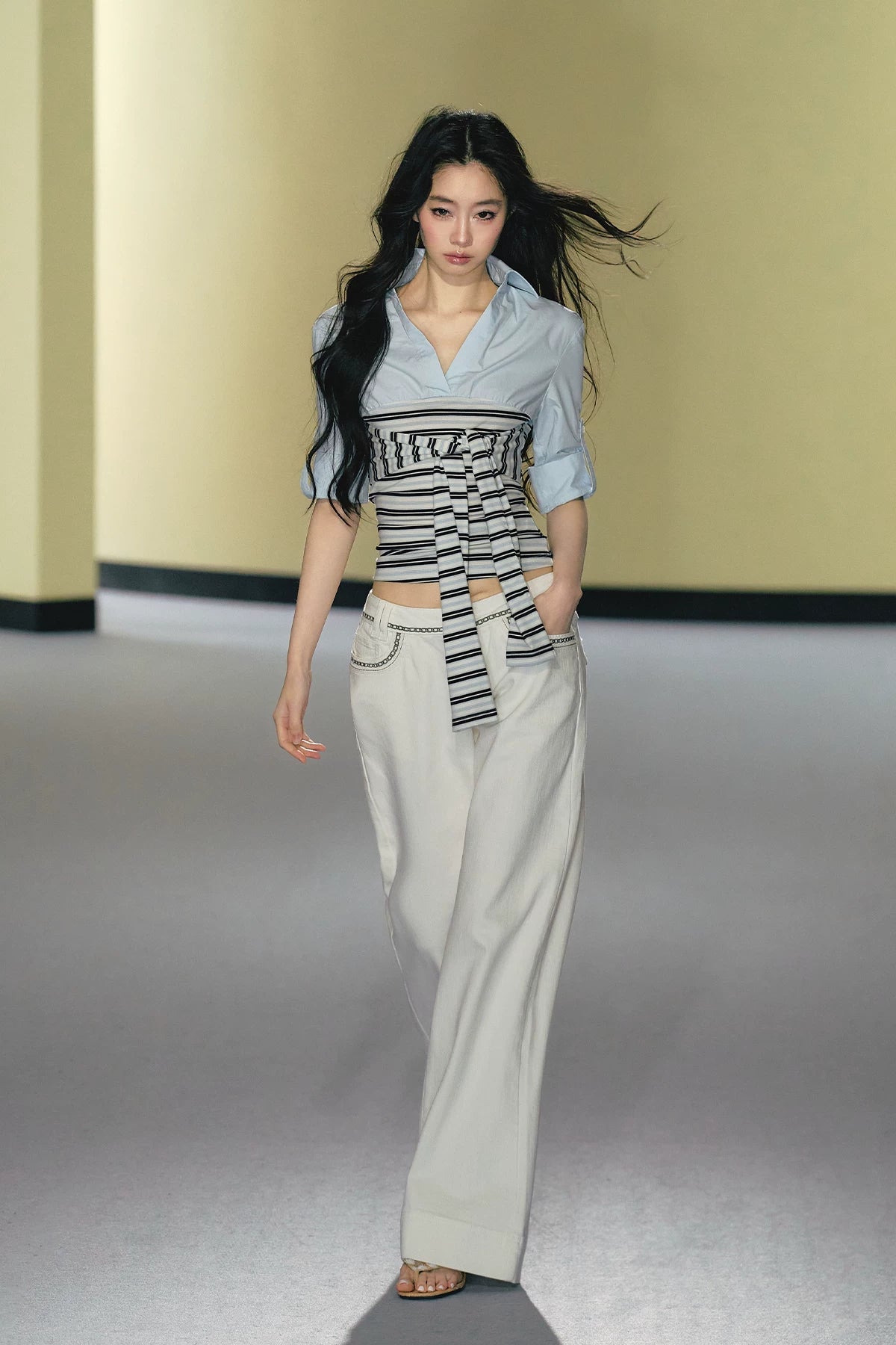 Layered Contrast Tie-Waist Shirt Top