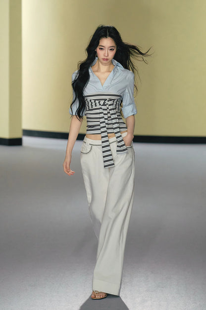 Layered Contrast Tie-Waist Shirt Top