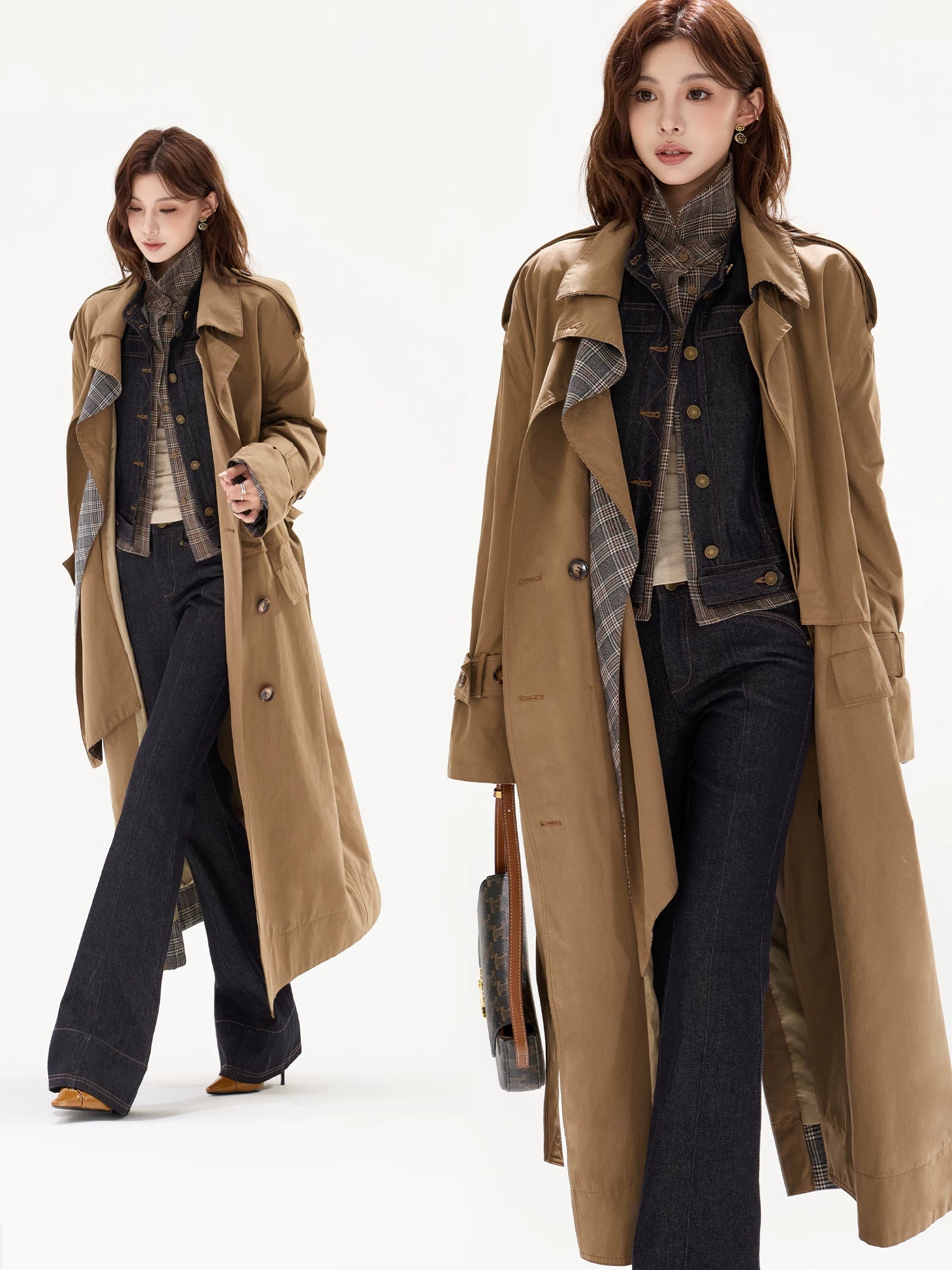 Double-Breasted Check-Panel Trench Coat
