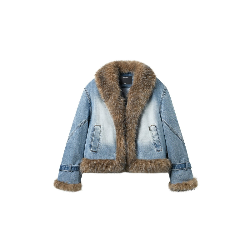 Faux-Fur Trim Washed Denim Jacket