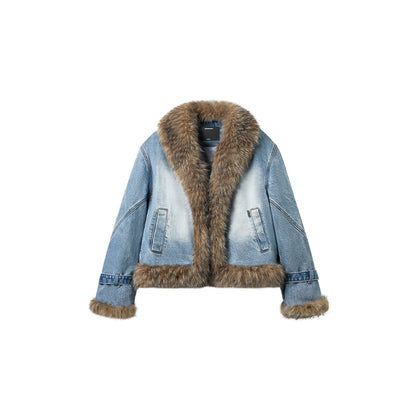 Faux-Fur Trim Washed Denim Jacket
