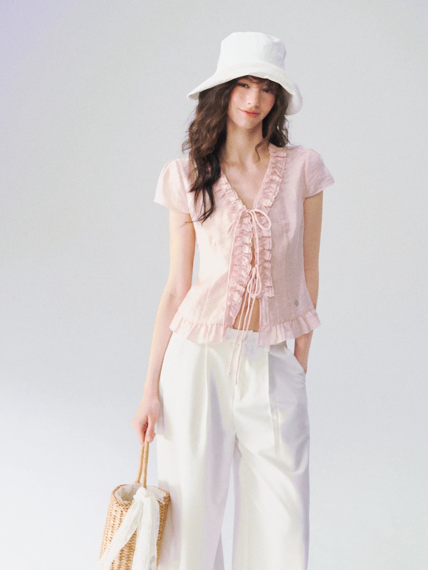 Soft Ruffle Trim V-Neck Cropped Blouse