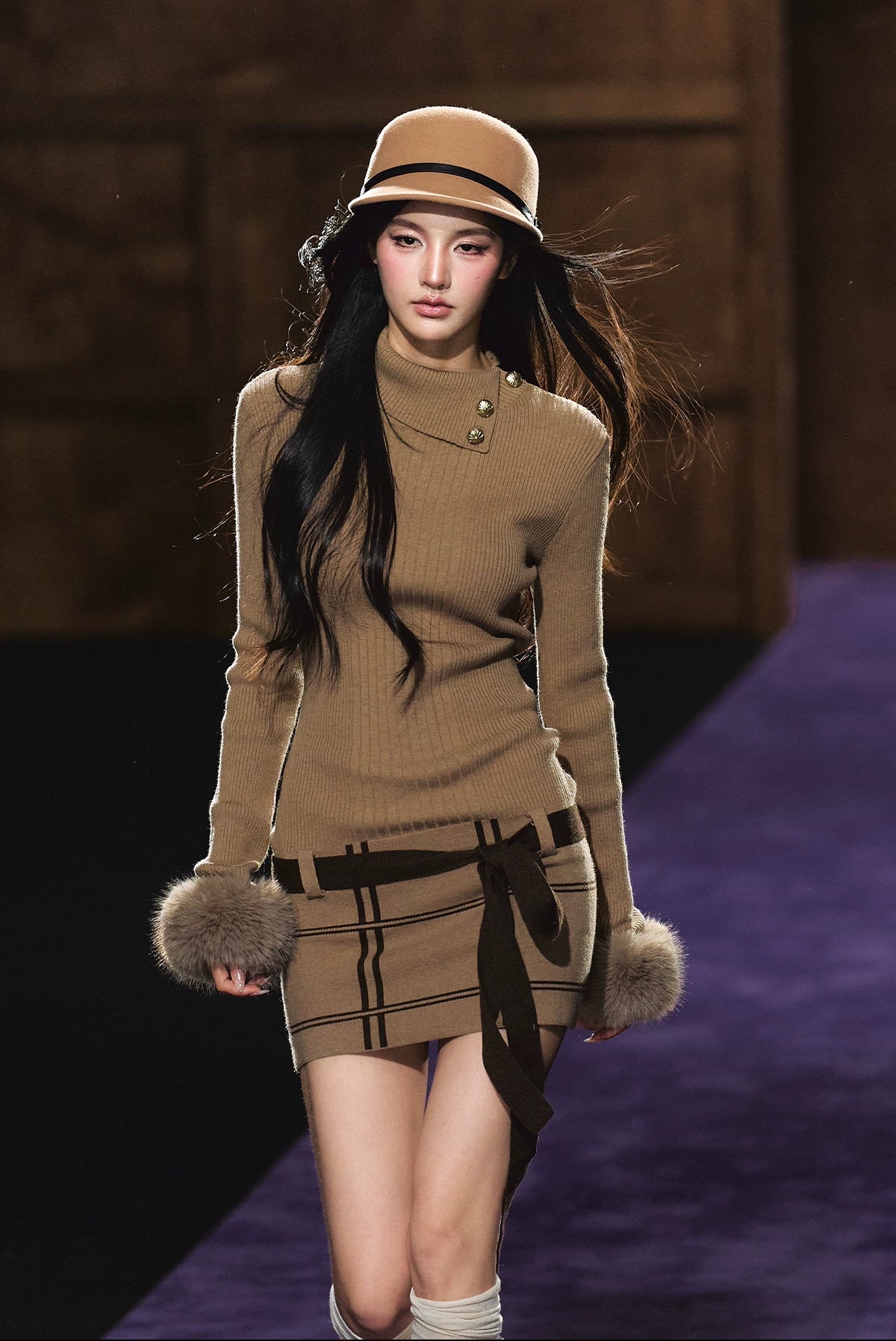 Faux Fur Cuff High-Neck Knit Dress