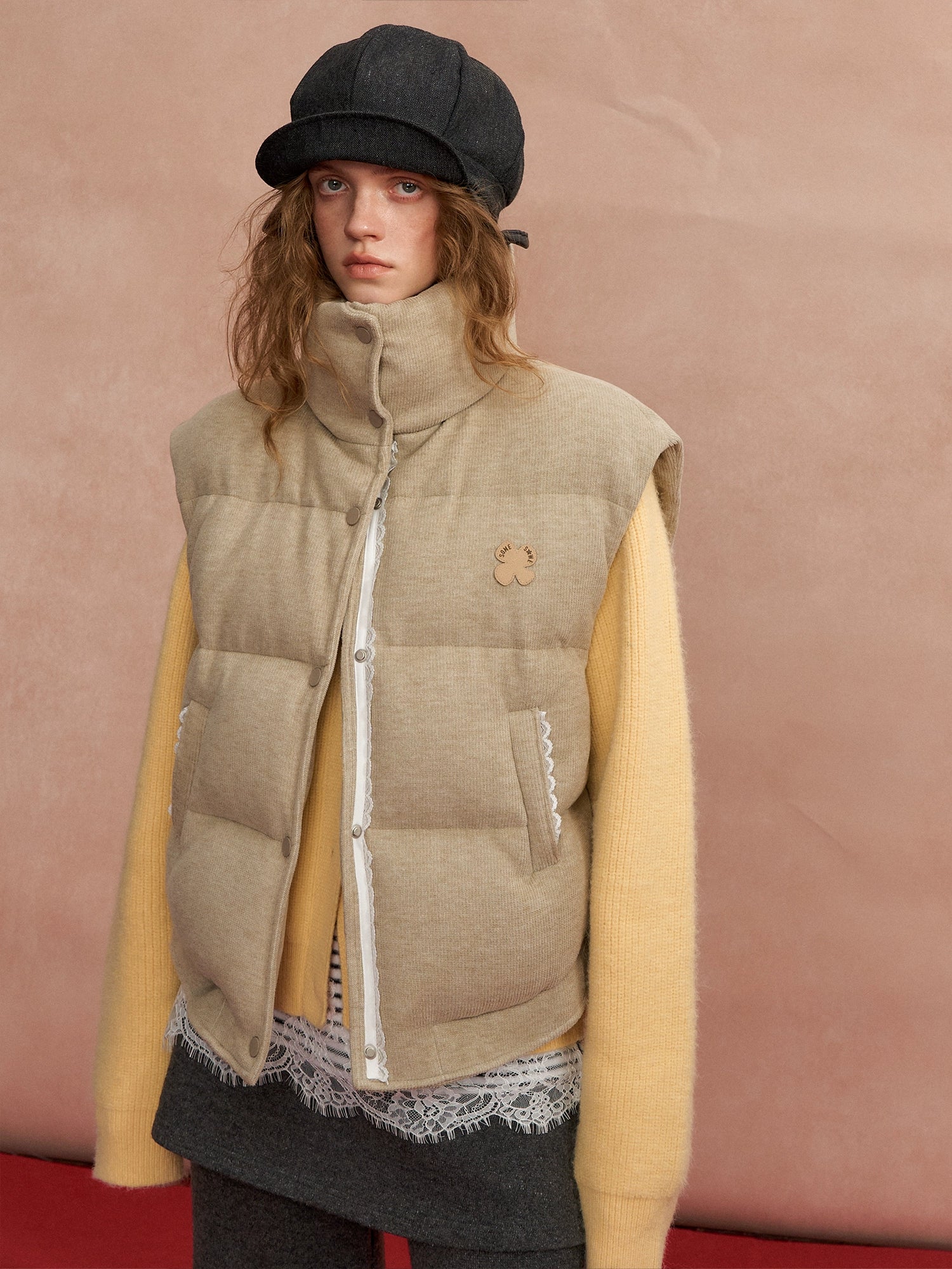 Lace-Paneled Stand-Collar Puffer Vest