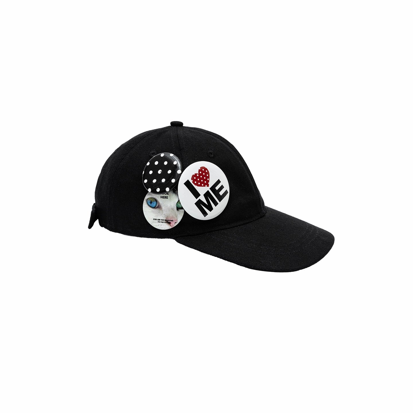 Badge-Embellished Black &amp; White Polka Dot Canvas Flat-Brim Baseball Cap - CHINASQUAD