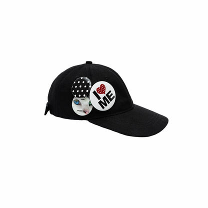 Badge-Embellished Black &amp; White Polka Dot Canvas Flat-Brim Baseball Cap - CHINASQUAD