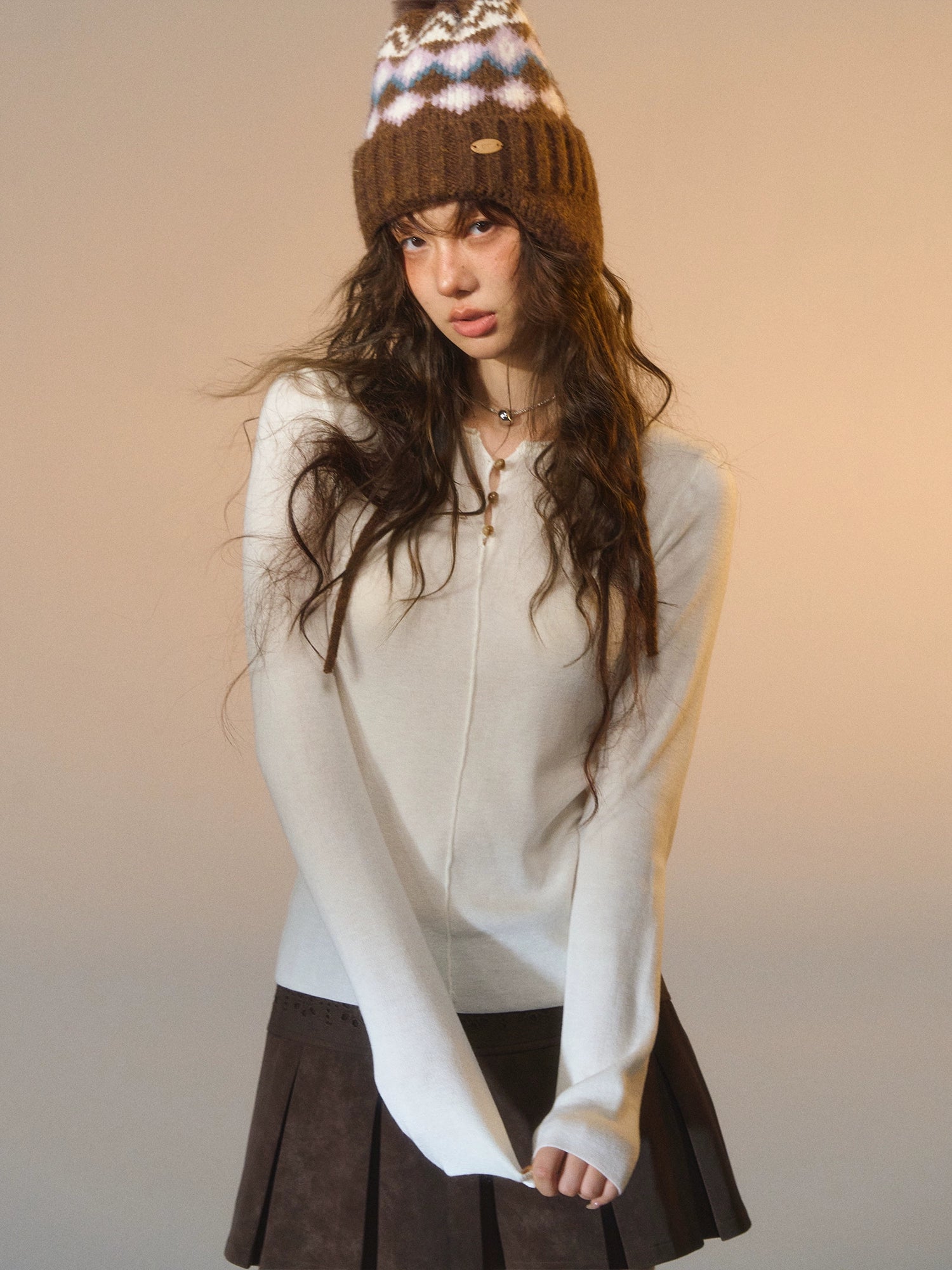 Striped Button-Up Knit Crewneck