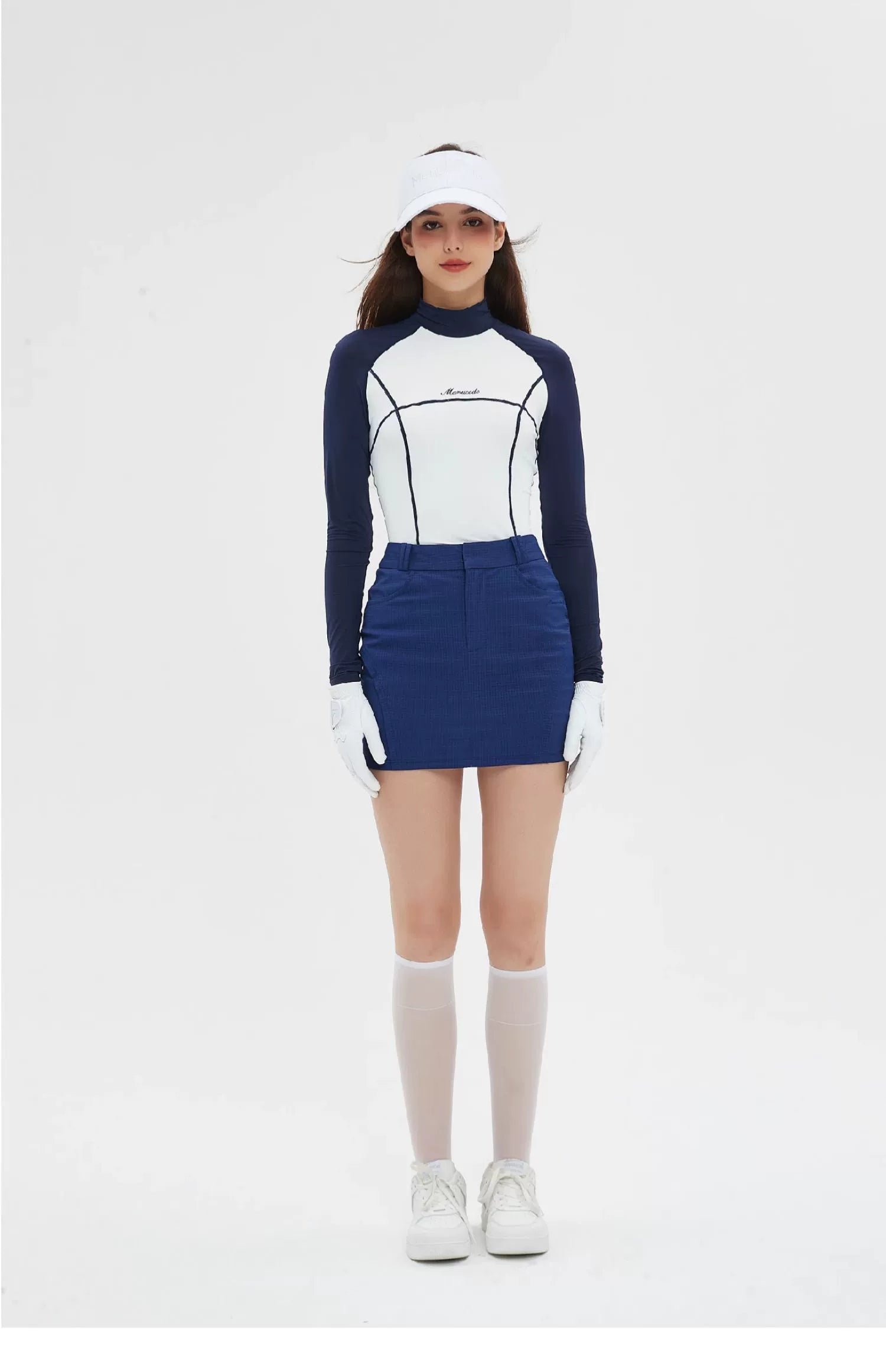 Colorblock Golf Shirt &amp; Dark Blue Checkered Skirt Set