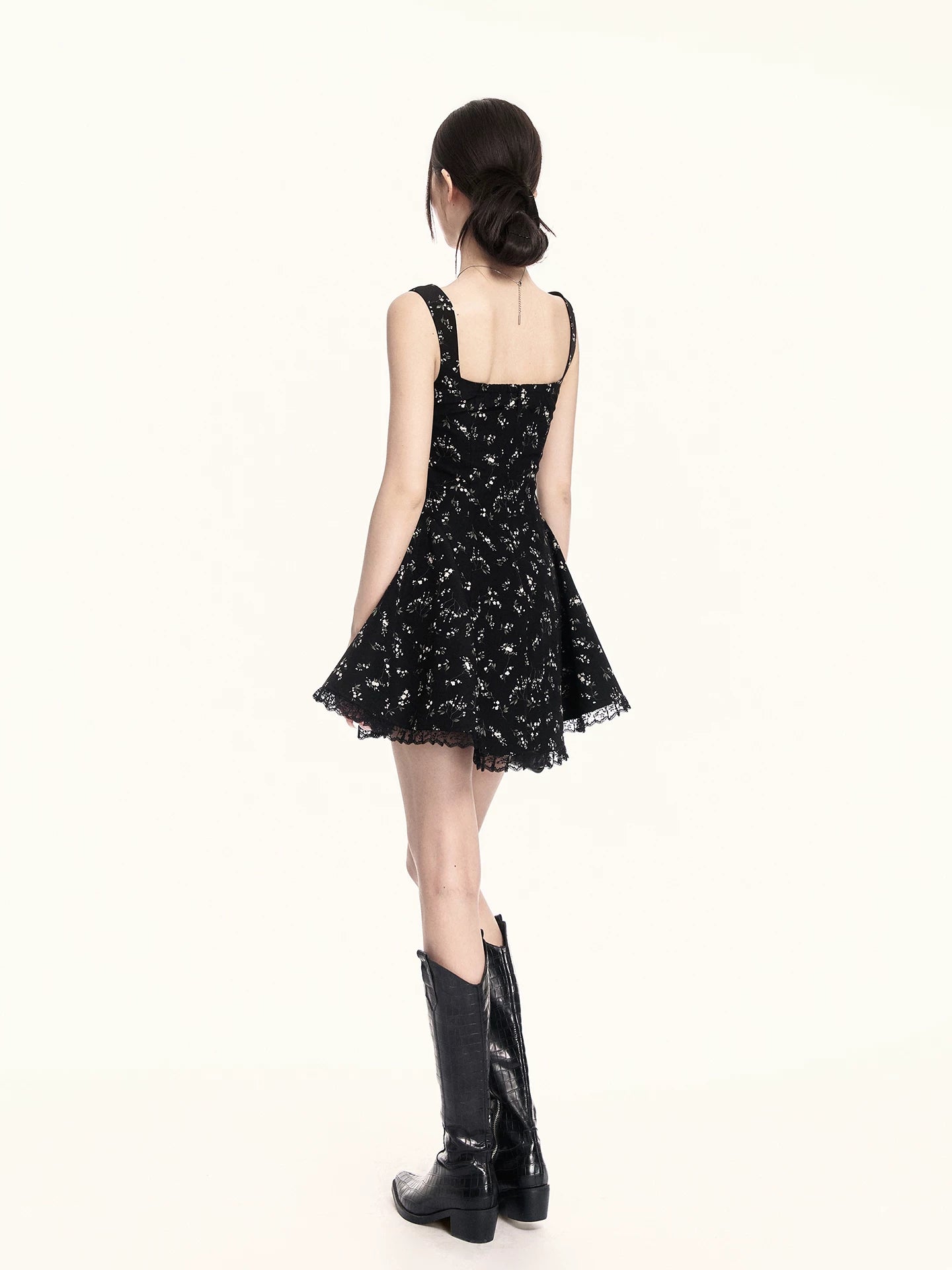 Midnight Bloom Square-Neck Floral Mini Dress
