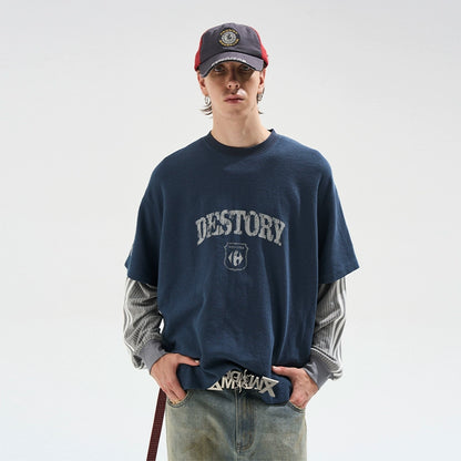 Faded Print Layered-Effect Patchwork Long Sleeve T-Shirt